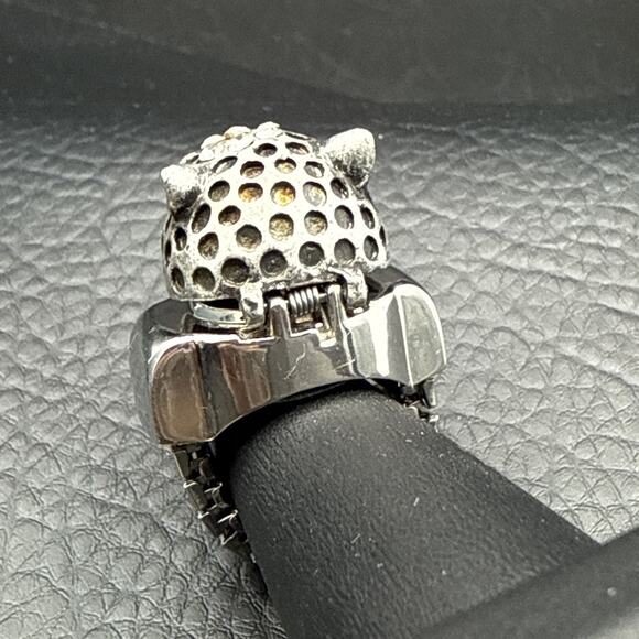 Strada Ring Watch Leopard Cheetah Head Red Crystal Eyes Stretch Band Size 5.5-7 - Picture 4 of 9